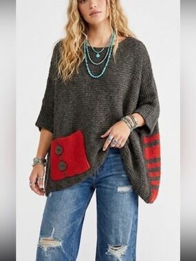 Oversized Plus Size Dark Gray Knit Sweater Red Accent Pocket Striped Back Cozy